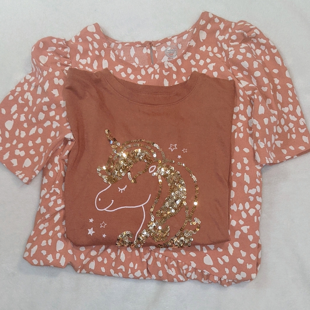 Brown Unicorn Sequin T-Shirt and Patterned Dress Set